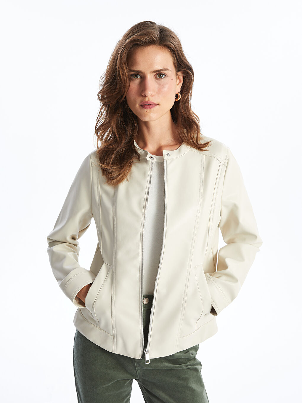 Crew Neck Women's Faux Leather Jacket