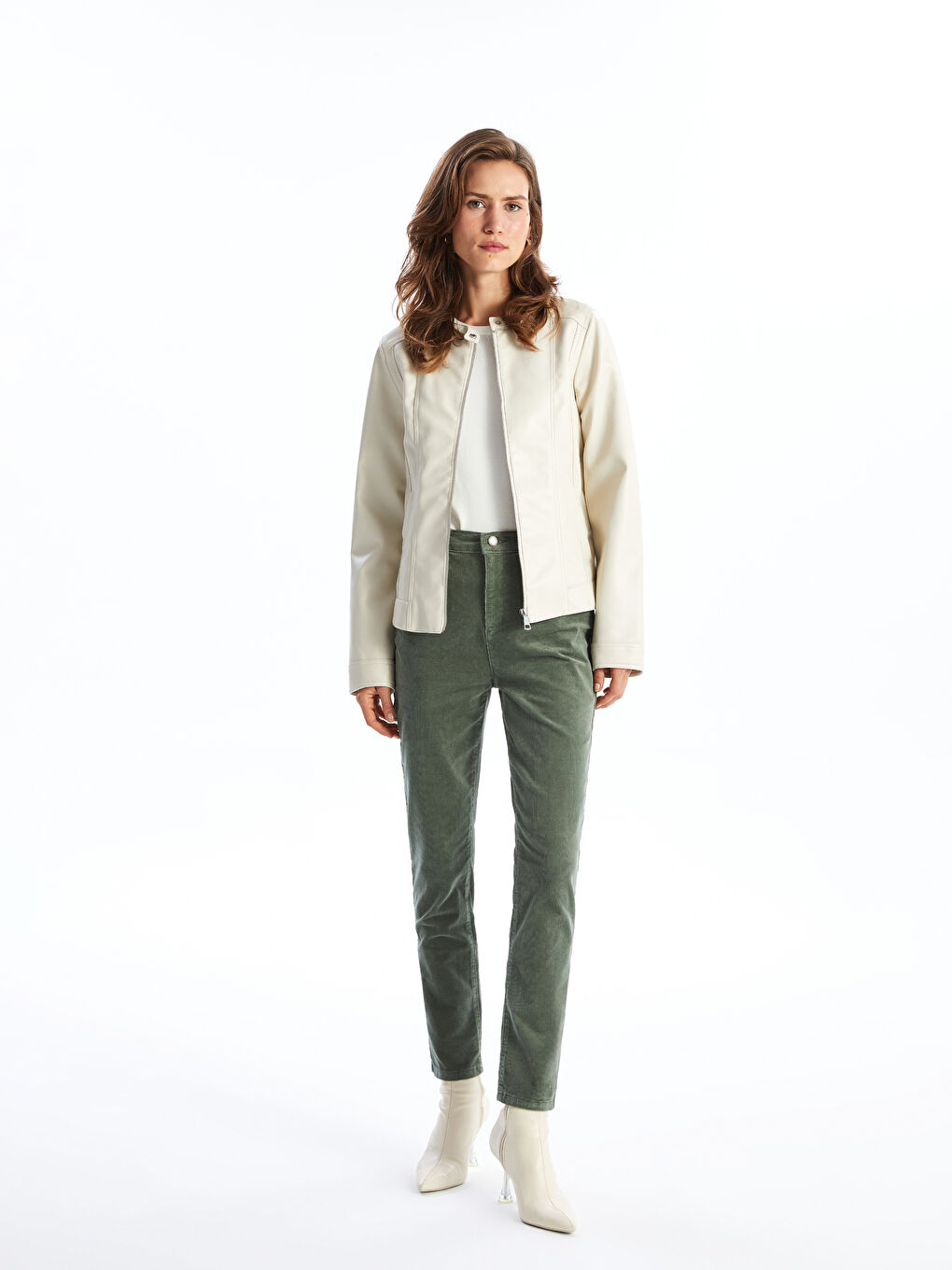 Crew Neck Women's Faux Leather Jacket-1