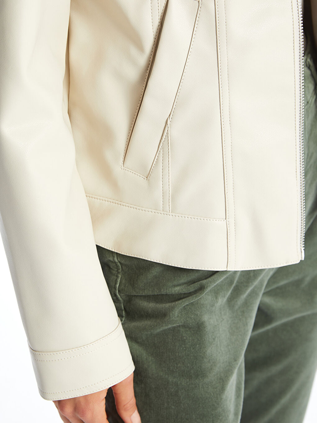 Crew Neck Women's Faux Leather Jacket-2