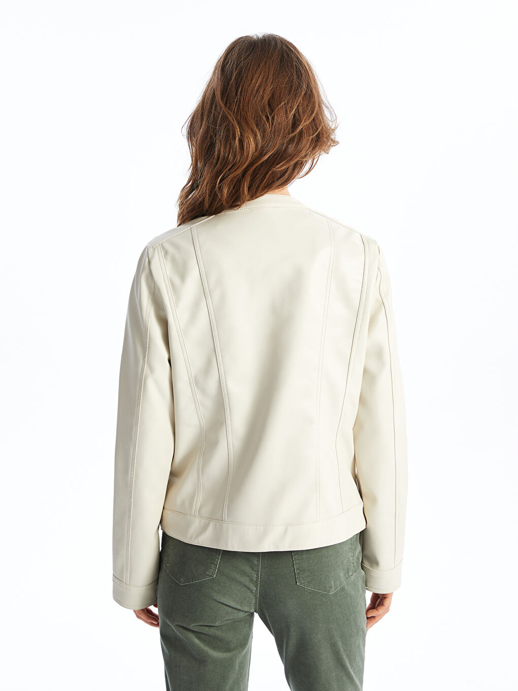 Crew Neck Women's Faux Leather Jacket-4