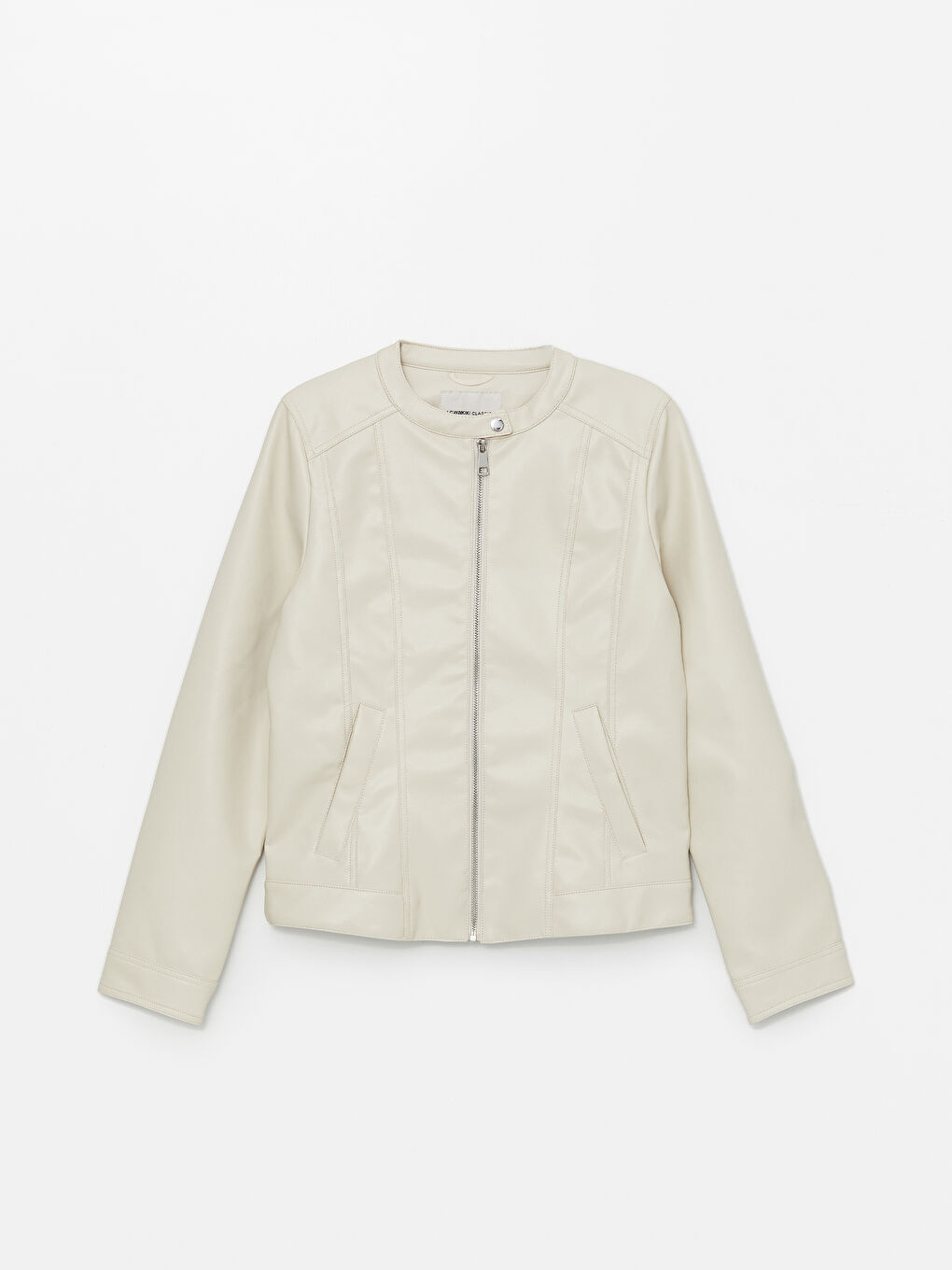 Crew Neck Women's Faux Leather Jacket-5