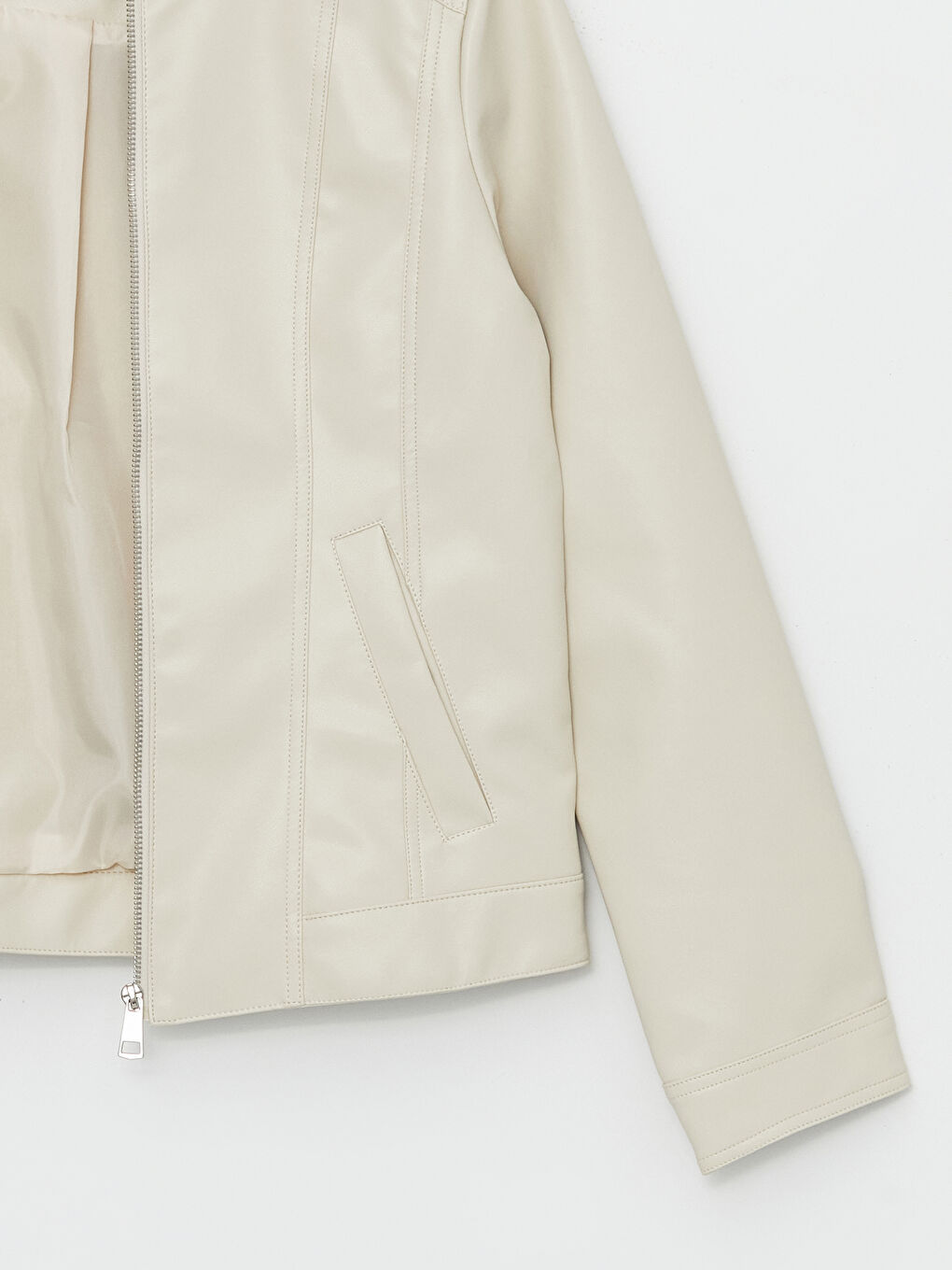 Crew Neck Women's Faux Leather Jacket-7