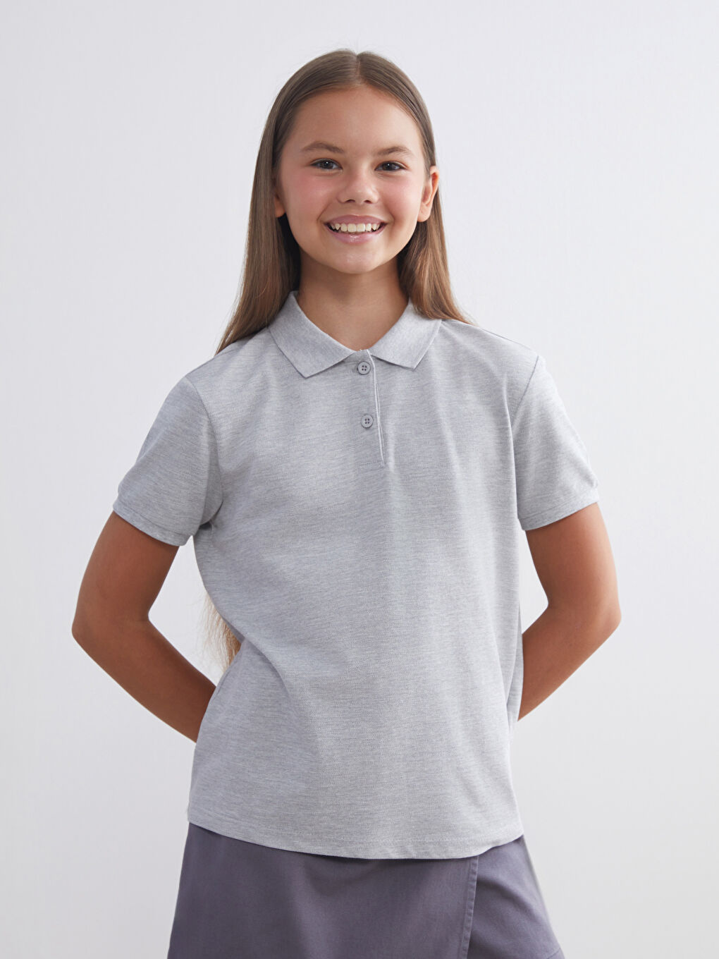 Gri Polo Yaka Kız Çocuk Tişört-2