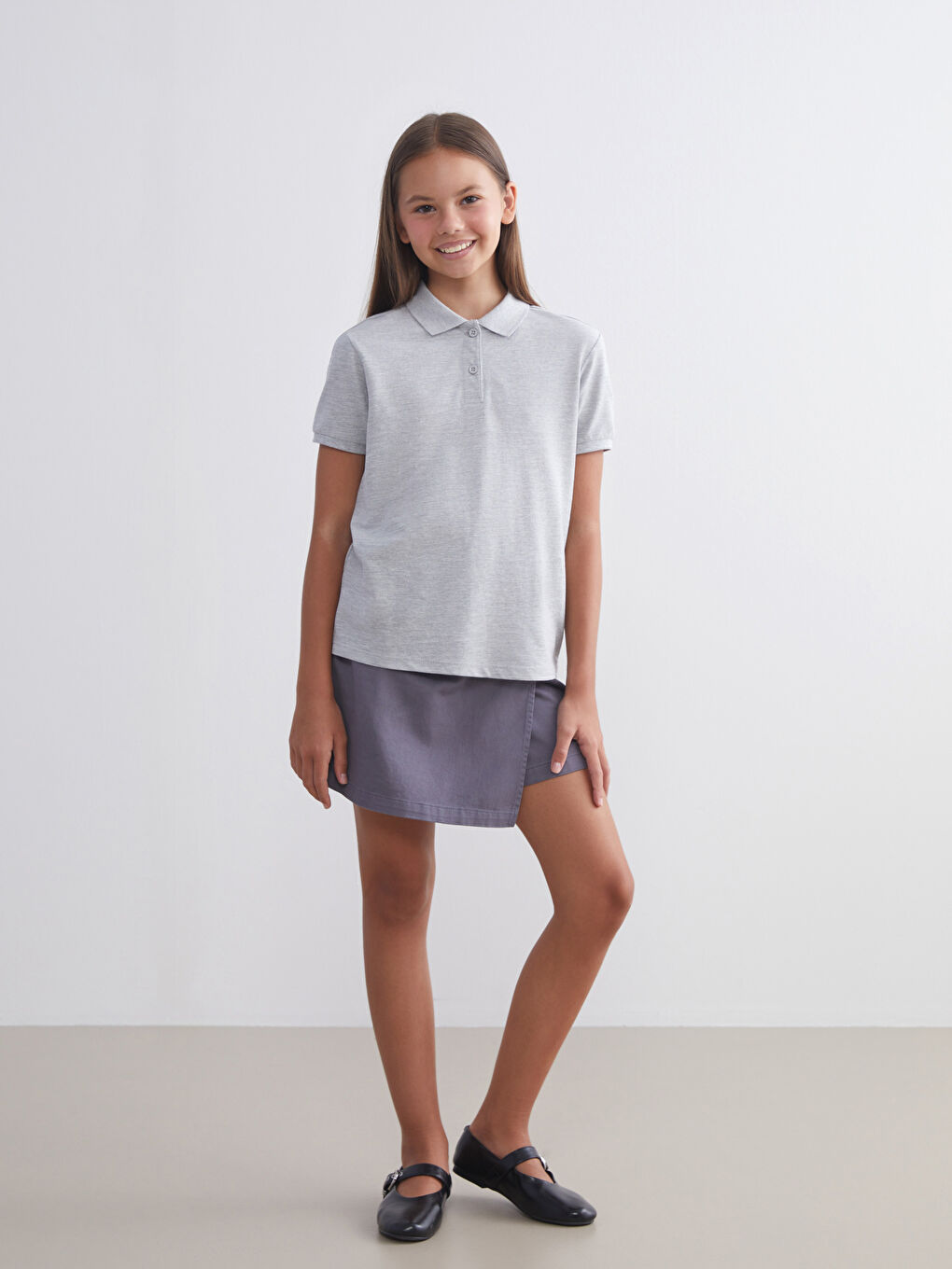 Gri Polo Yaka Kız Çocuk Tişört-3