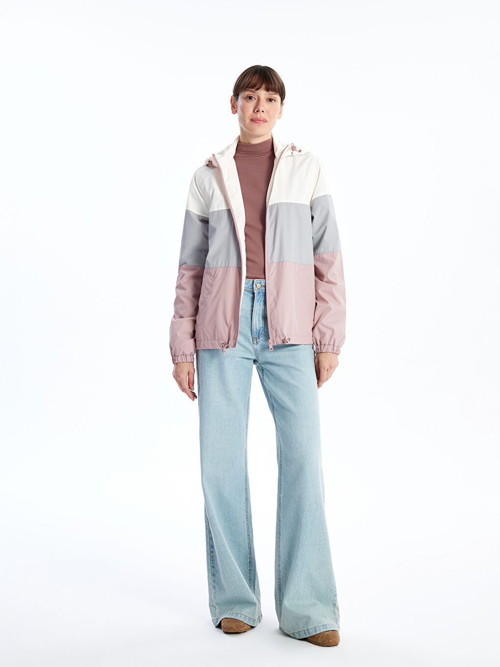 Pembe Kapüşonlu Renk Bloklu Kadın Yağmurluk-1