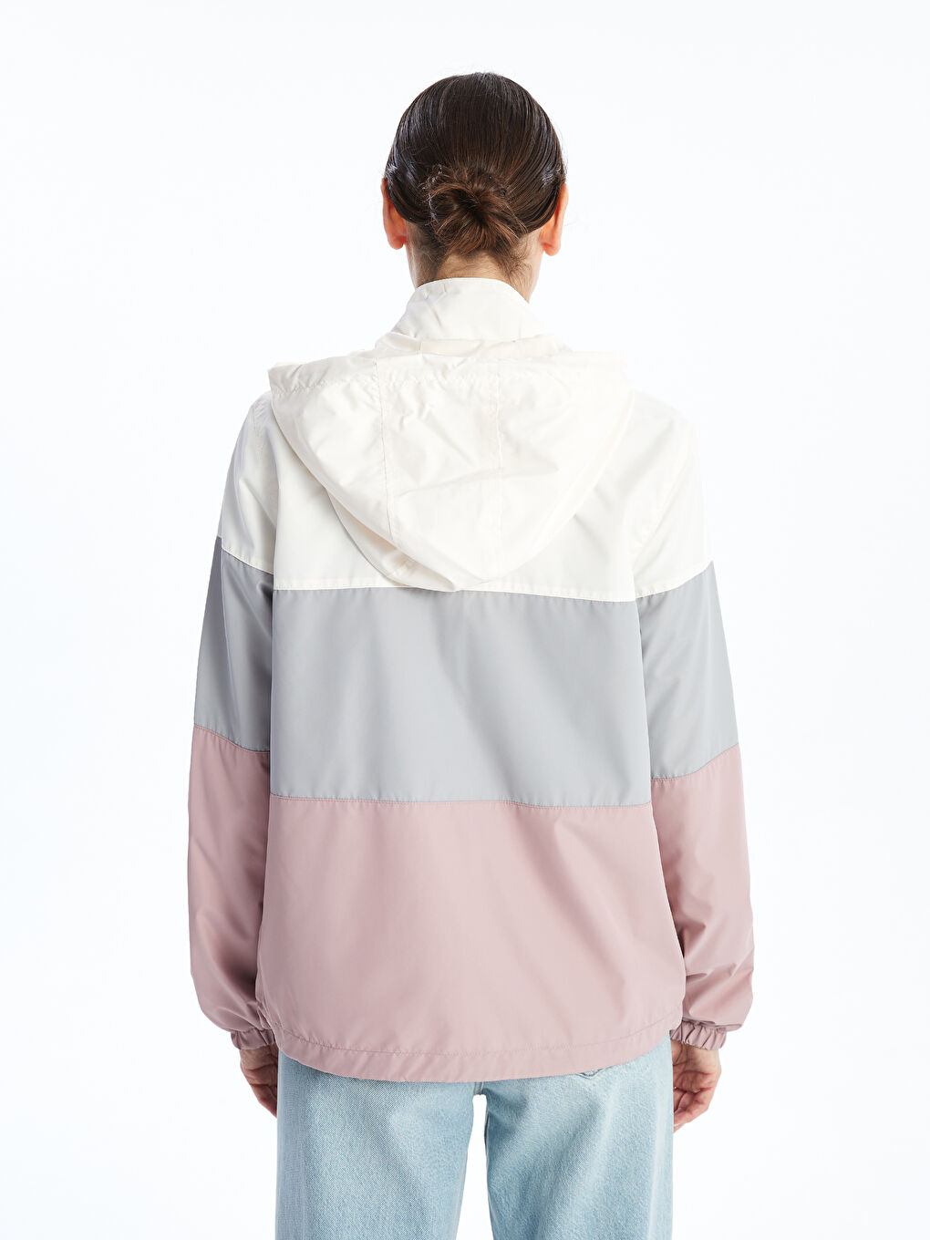 Pembe Kapüşonlu Renk Bloklu Kadın Yağmurluk-4