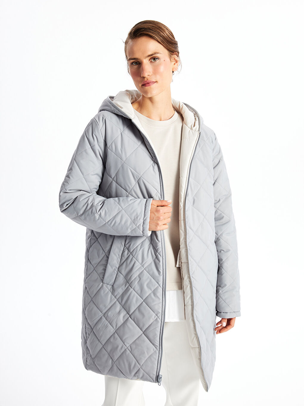 Geacă Matlasată Reversibilă Cu Glugă pentru Femei-1