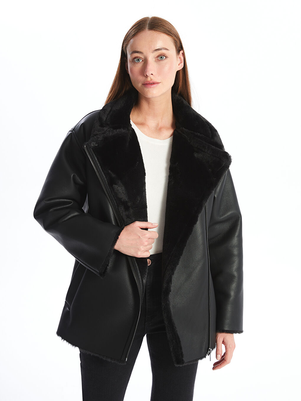 Siyah Kadın Biker Yaka Düz Deri Görünümlü Mont-4