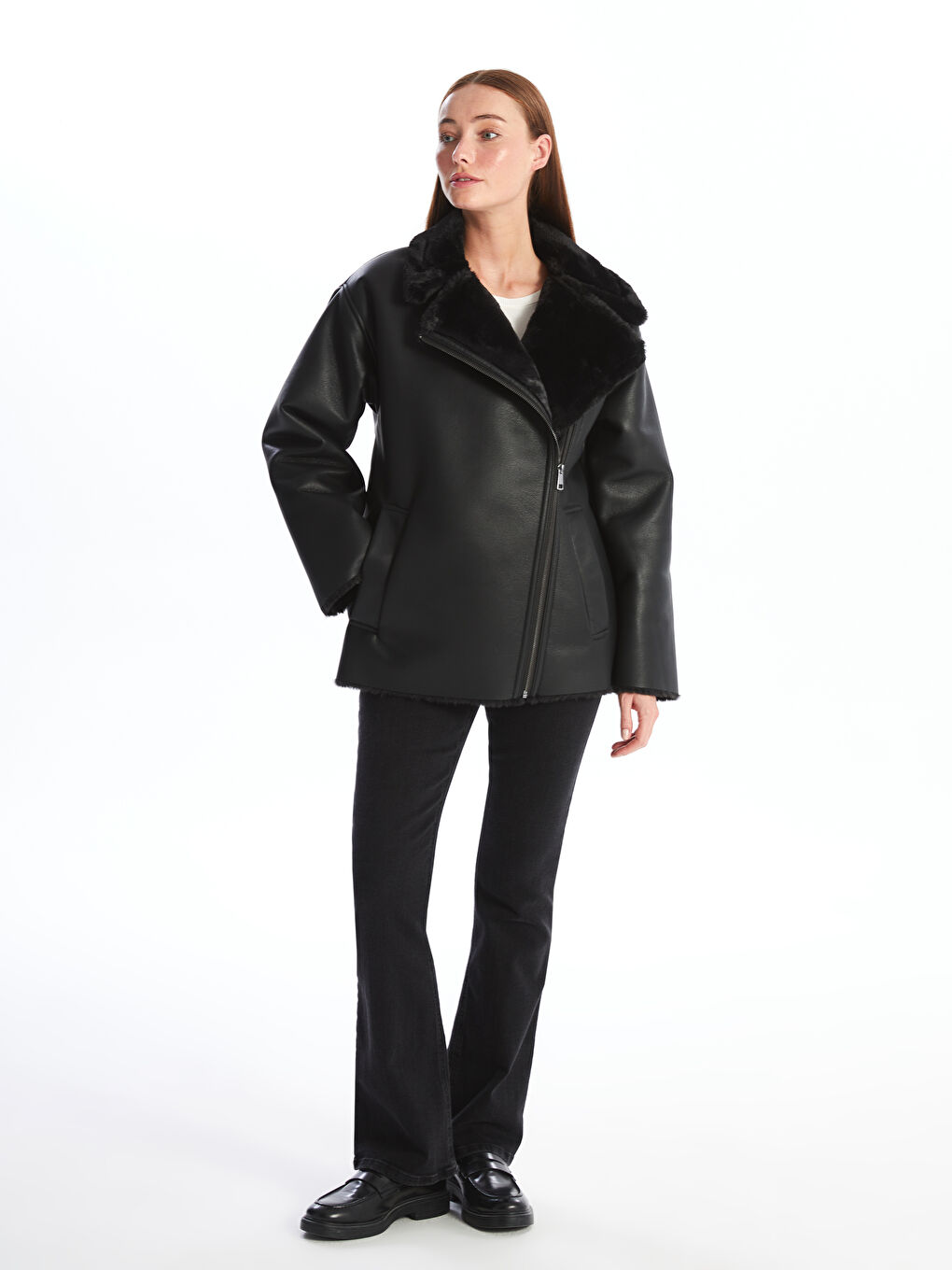 Siyah Kadın Biker Yaka Düz Deri Görünümlü Mont-6