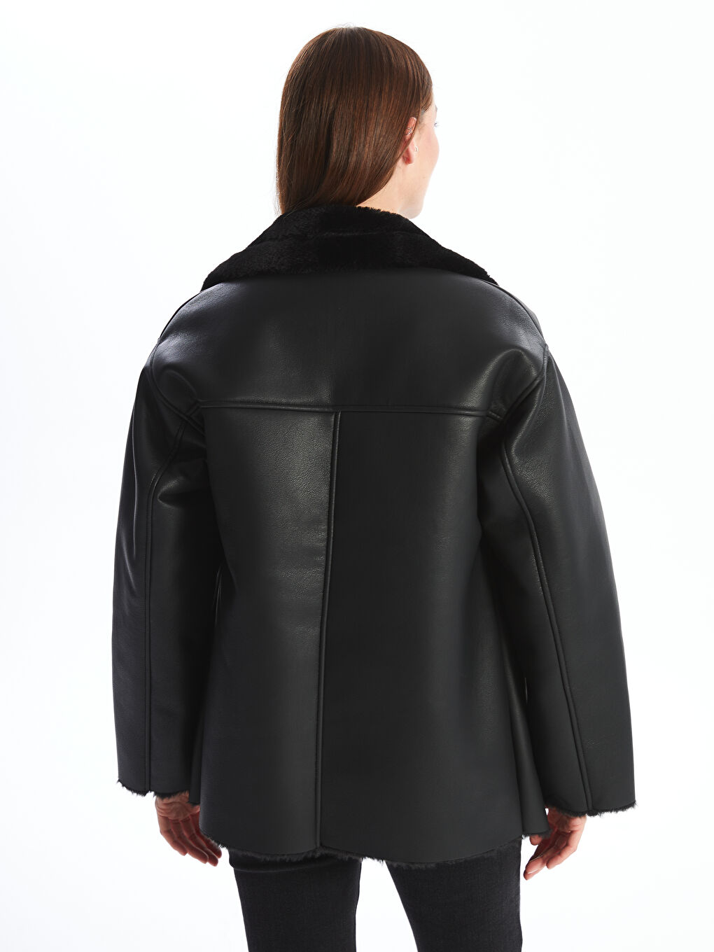 Siyah Kadın Biker Yaka Düz Deri Görünümlü Mont-11