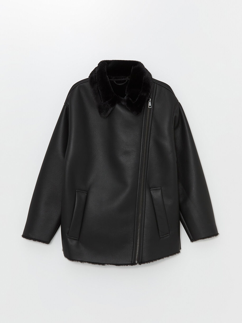 Siyah Kadın Biker Yaka Düz Deri Görünümlü Mont-16