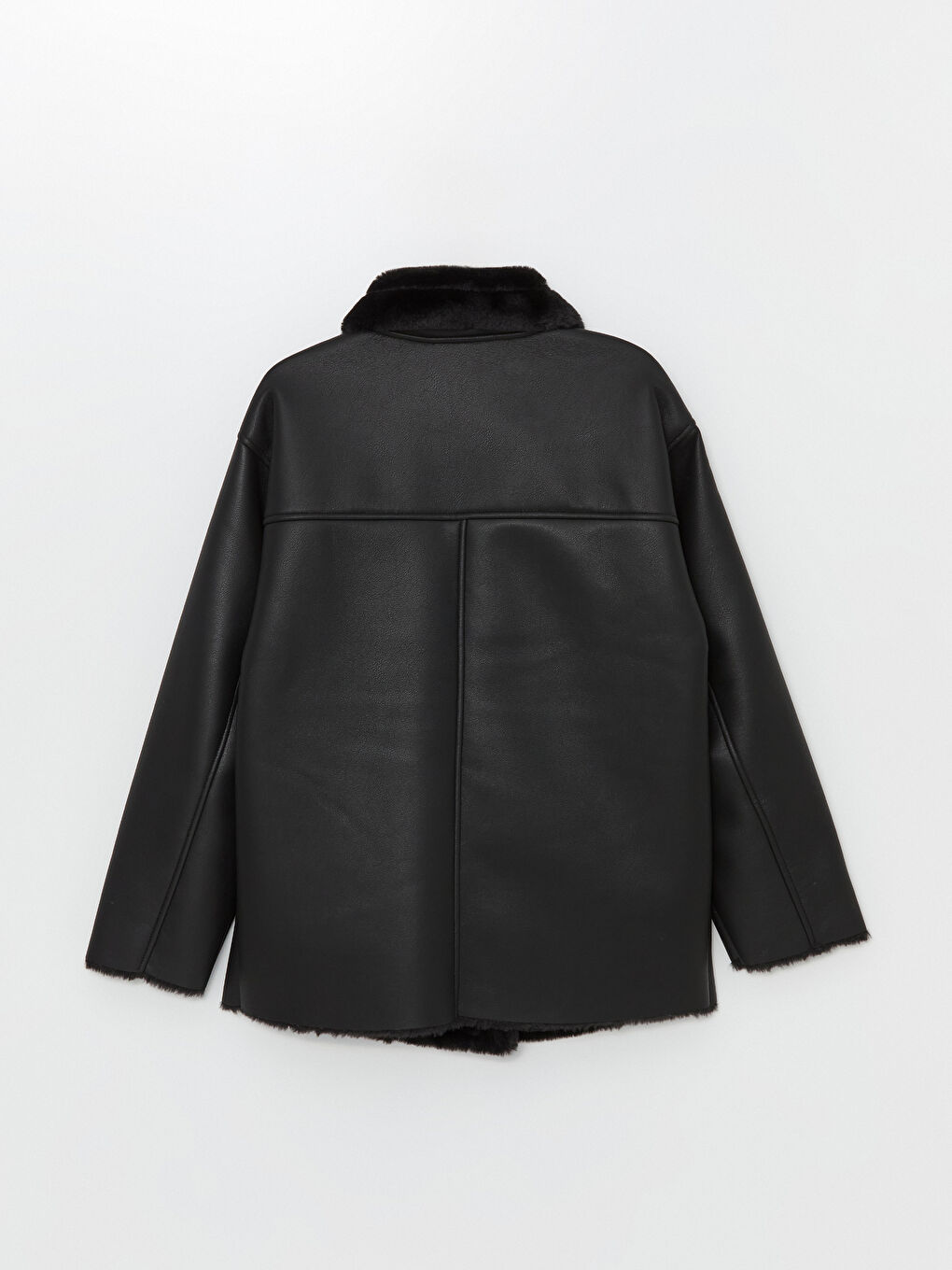 Siyah Kadın Biker Yaka Düz Deri Görünümlü Mont-18