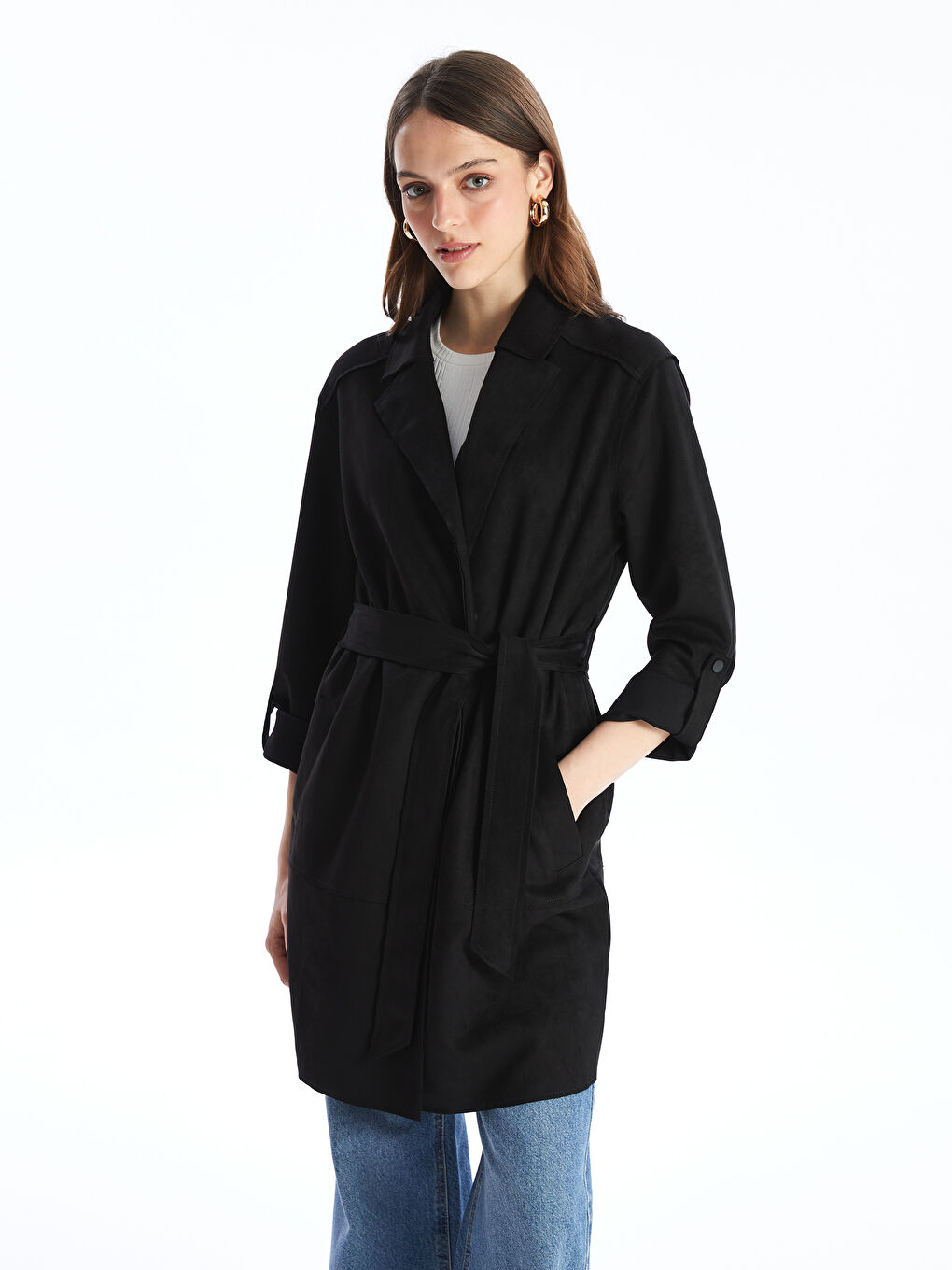 Siyah Kadın Kruvaze Yaka Düz Trençkot