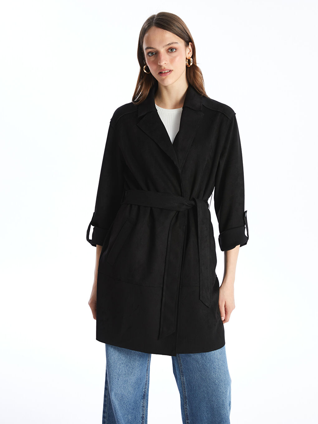 Siyah Kadın Kruvaze Yaka Düz Trençkot-1