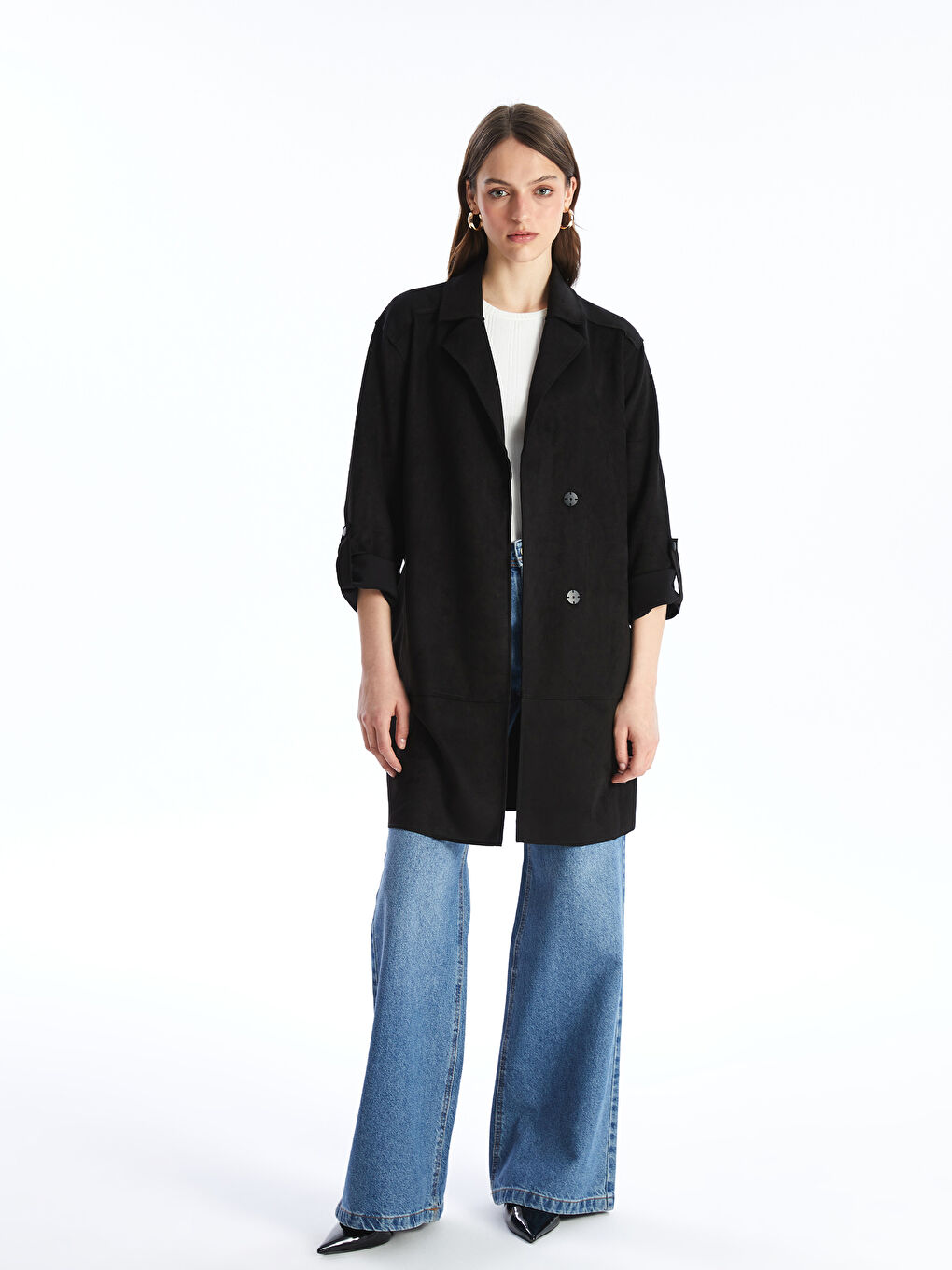 Siyah Kadın Kruvaze Yaka Düz Trençkot-2