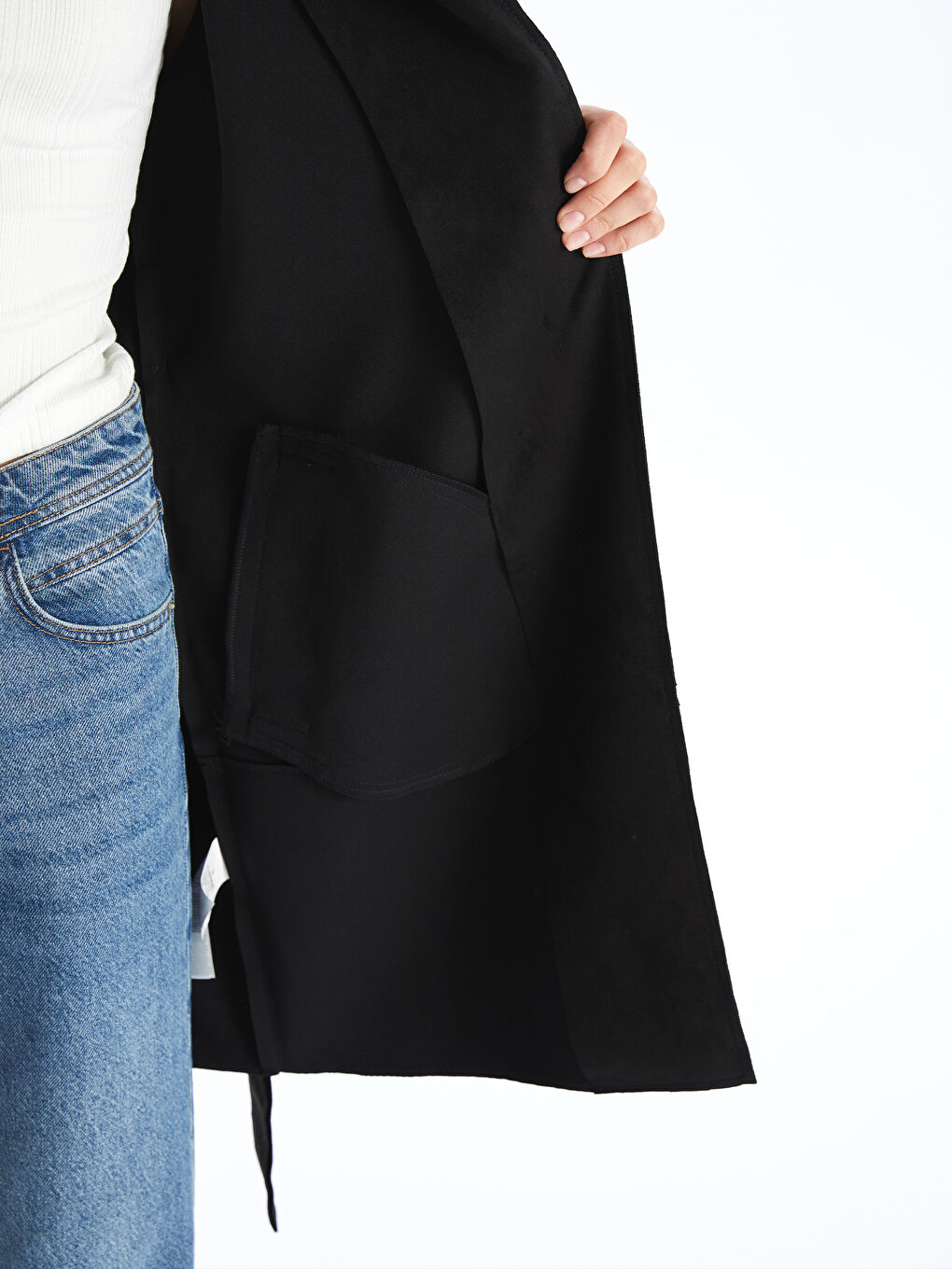 Siyah Kadın Kruvaze Yaka Düz Trençkot-3