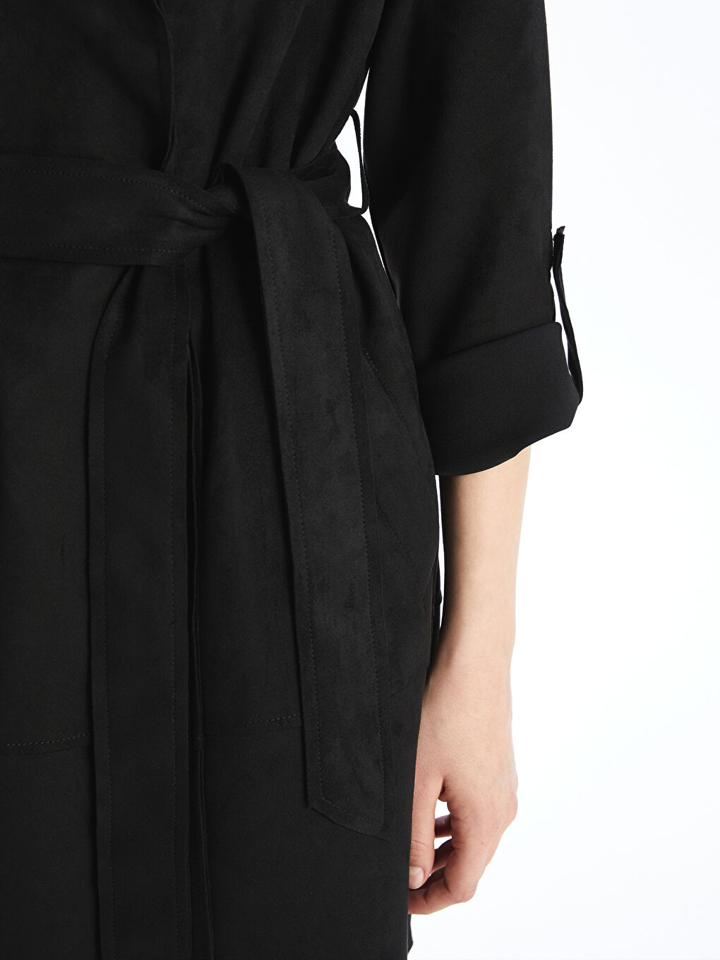 Siyah Kadın Kruvaze Yaka Düz Trençkot-4