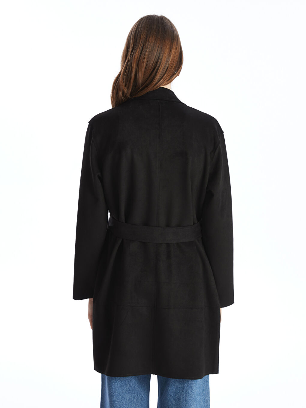 Siyah Kadın Kruvaze Yaka Düz Trençkot-5