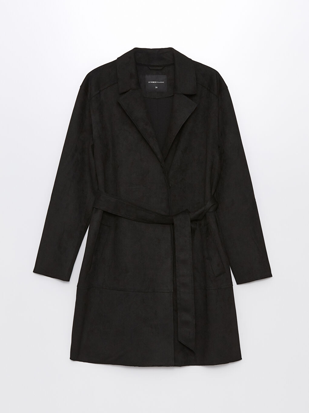 Siyah Kadın Kruvaze Yaka Düz Trençkot-7