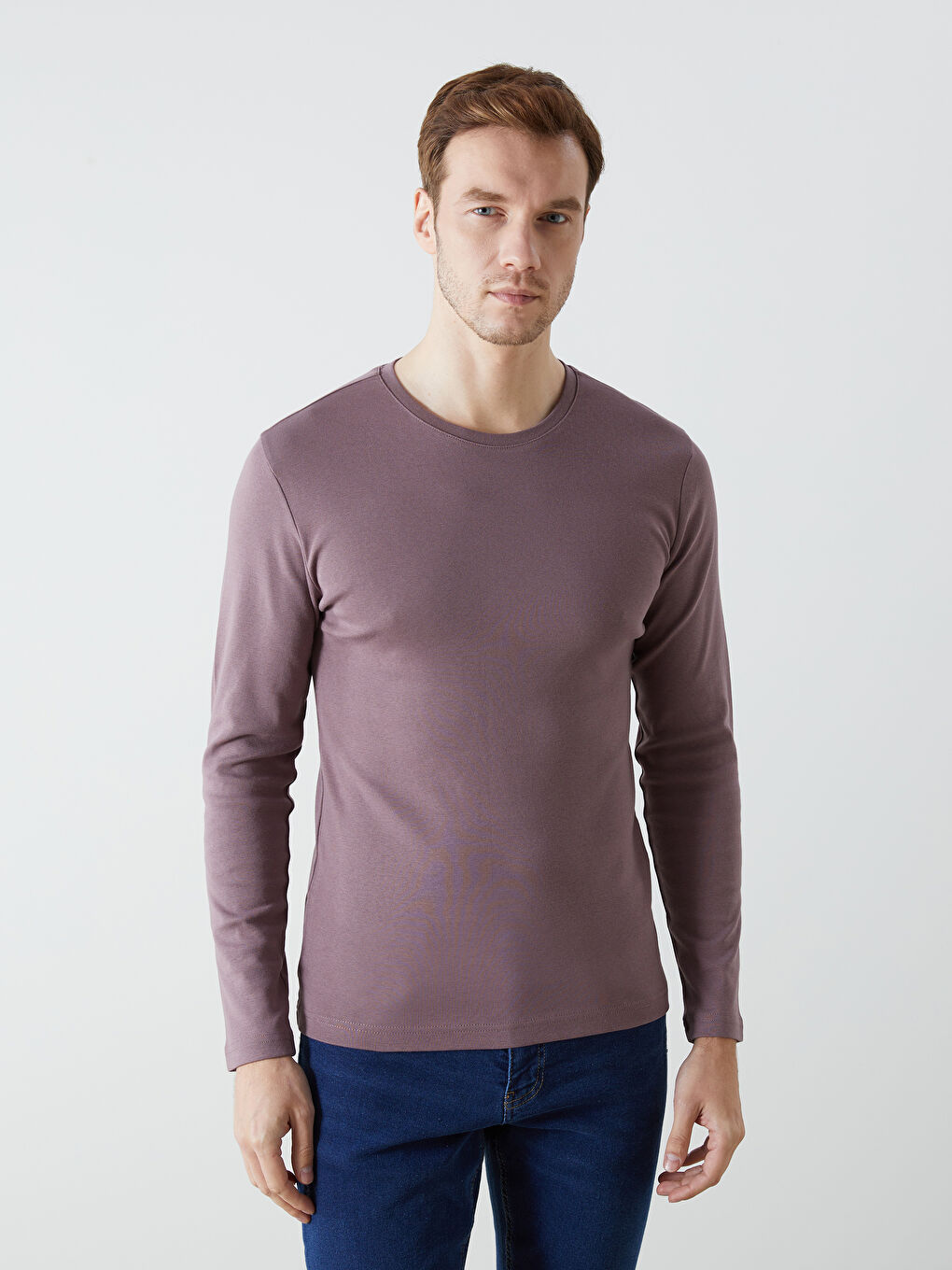 Pembe Bisiklet Yaka Uzun Kollu Penye Erkek Tişört