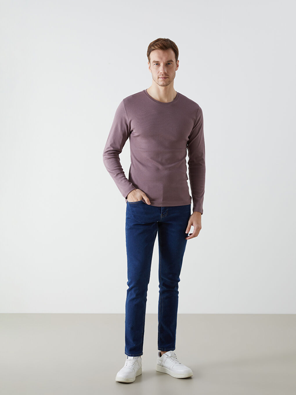 Pembe Bisiklet Yaka Uzun Kollu Penye Erkek Tişört-1