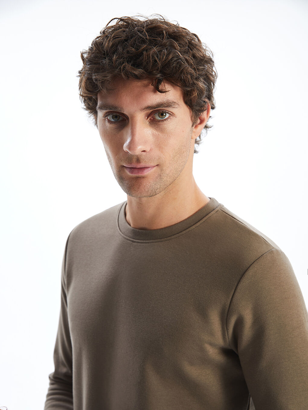 Kahverengi Bisiklet Yaka Uzun Kollu Erkek Kalın Sweatshirt