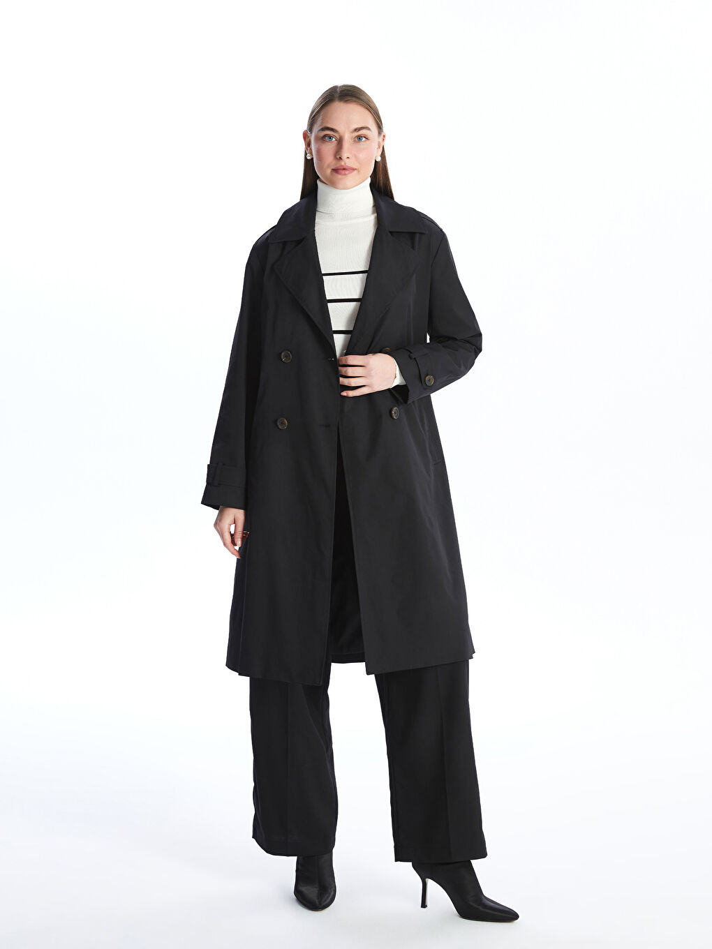 Siyah Ceket Yaka Kadın Trençkot-5