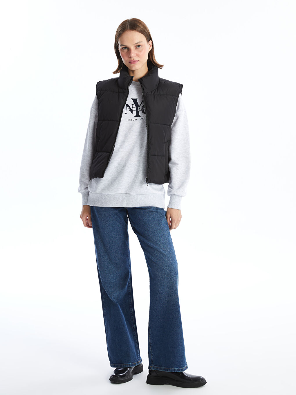 Vestă matlasată simplă cu guler tip pâlnie pentru femei-1