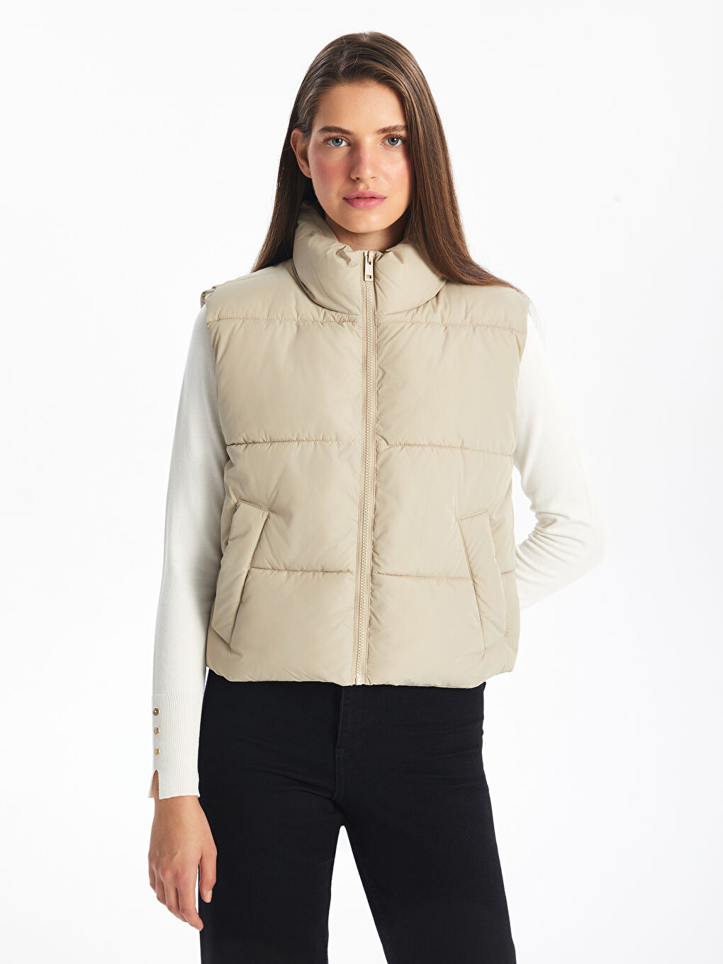 Doudoune sans manches à col cheminée unie pour Femmes