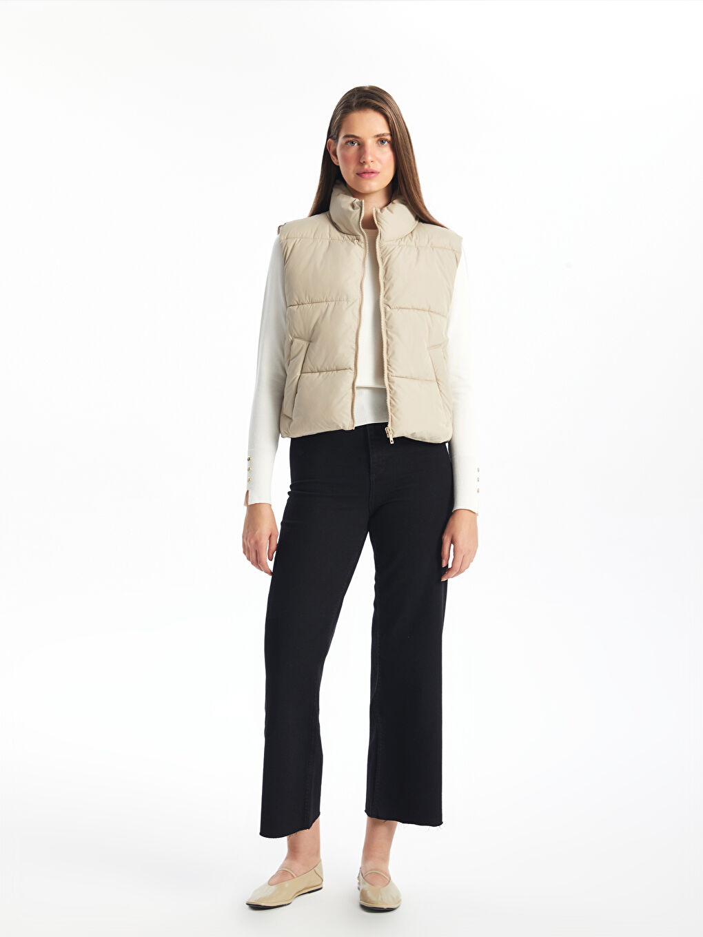 Doudoune sans manches à col cheminée unie pour Femmes-1
