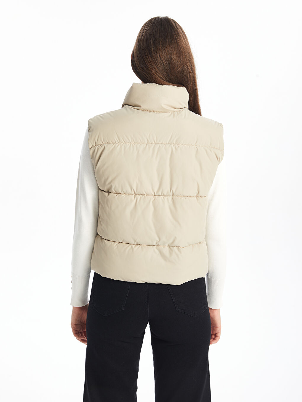 Doudoune sans manches à col cheminée unie pour Femmes-4