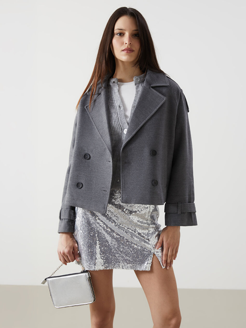 Gri Ceket Yaka Kadın Kaşe Kaban