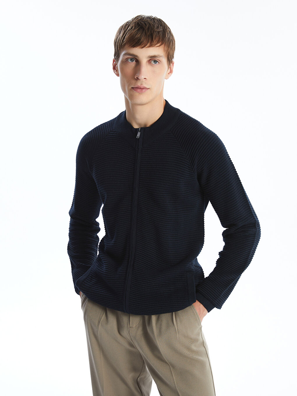 Regular Fit Funnel Neck Men's Knit Cardigan