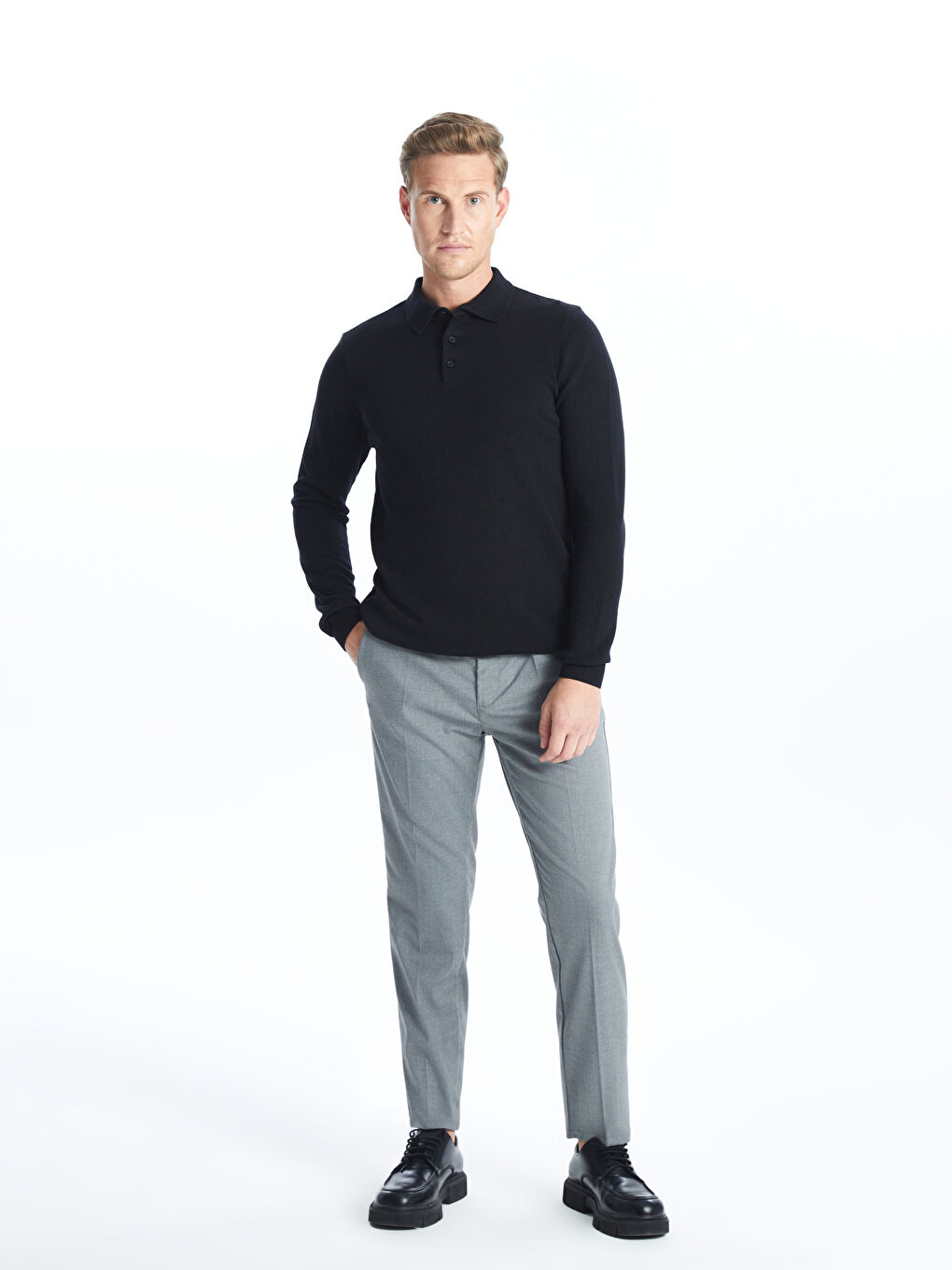 كنزة صوفية بياقة بولو وكم طويل للرجال-1