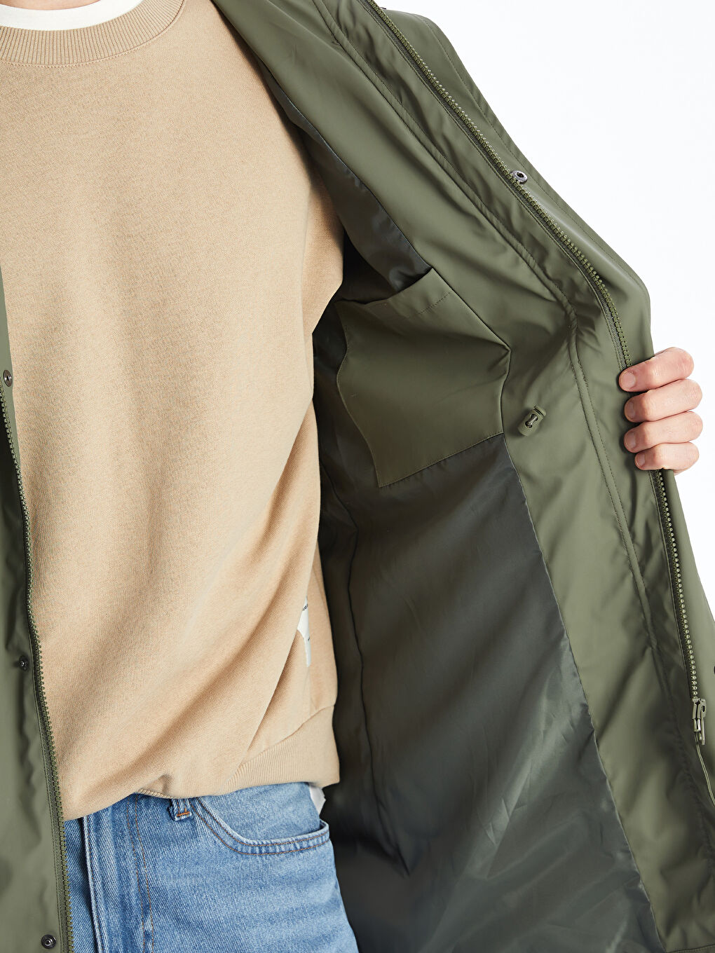 Haki Standart Kalıp Kapüşonlu Erkek Mont-3