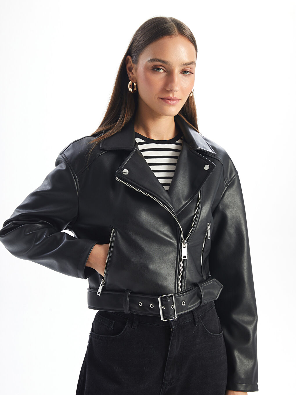 Biker Neck Women's Faux Leather Jacket -W41106Z8-CVL