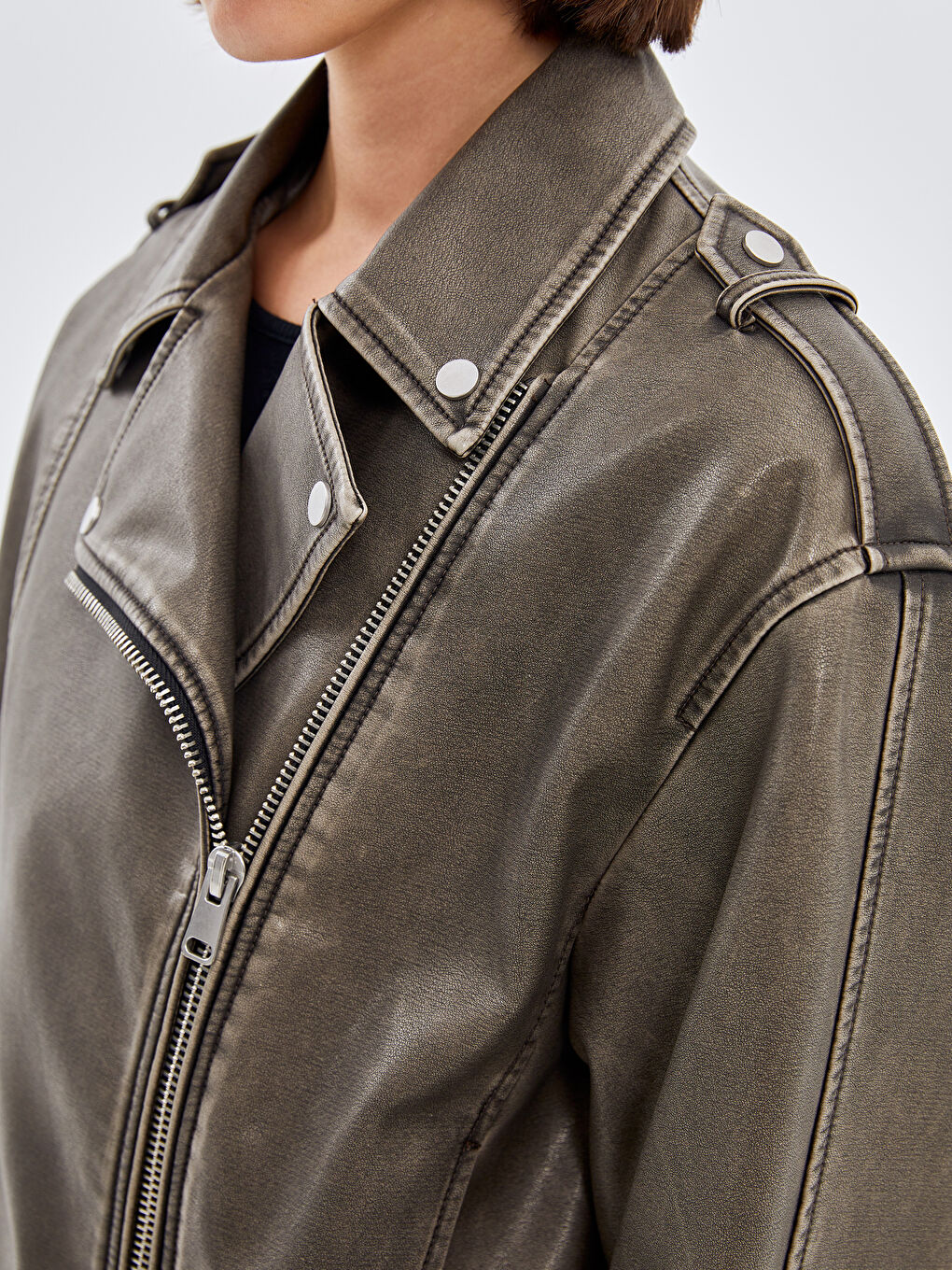 LCW Vision Biker Neck Women's Faux Leather Jacket -W41107Z8-502
