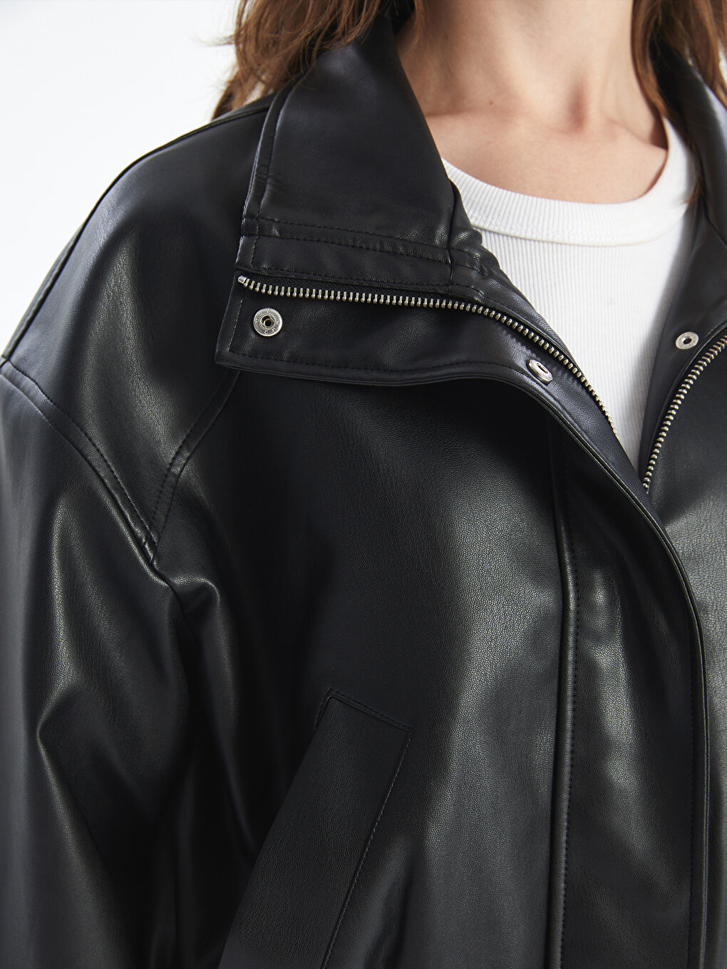 LCW Vision Funnel Neck Oversize Women's Faux Leather Jacket -W41108Z8-CVL