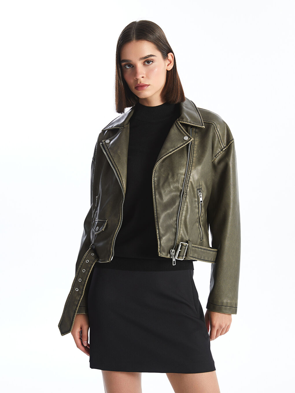 Biker-Kragen Kunstlederjacke für Damen