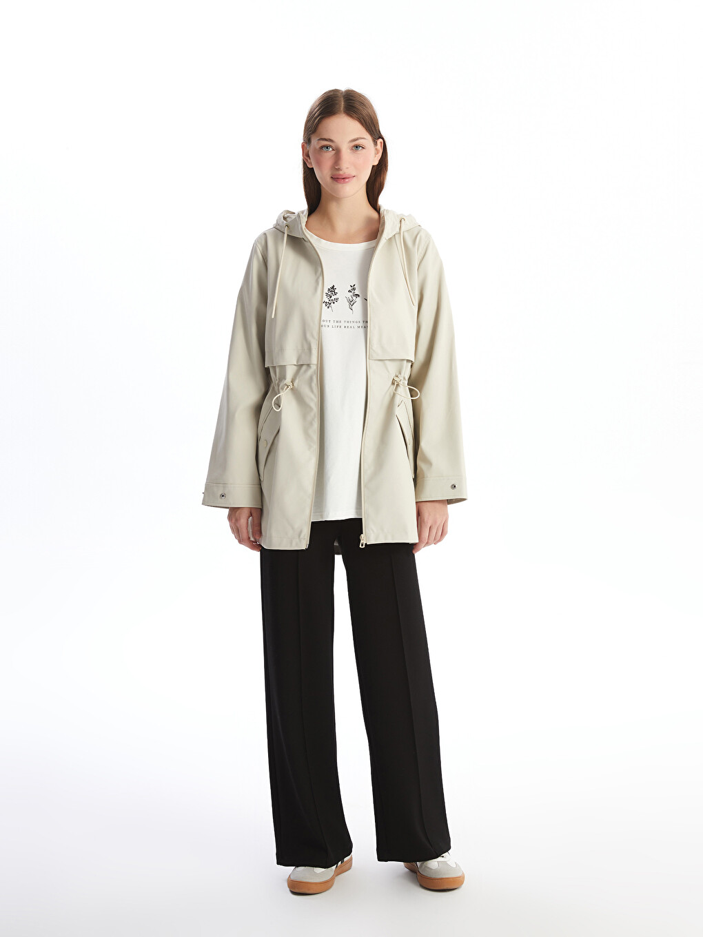 Hooded Plain Faux Leather Women's Raincoat-1