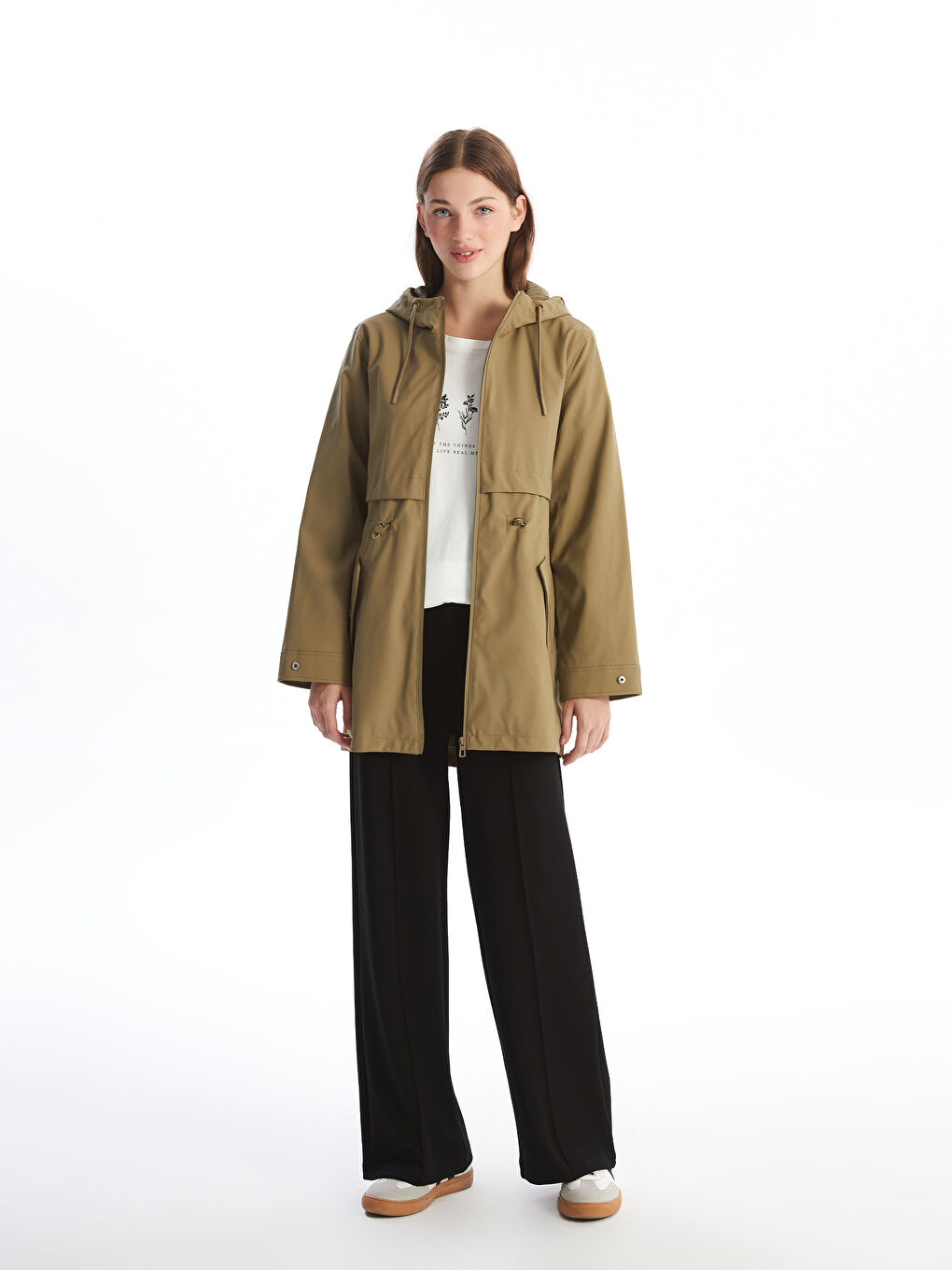 Kapüşonlu Düz Deri Görünümlü Kadın Yağmurluk-1