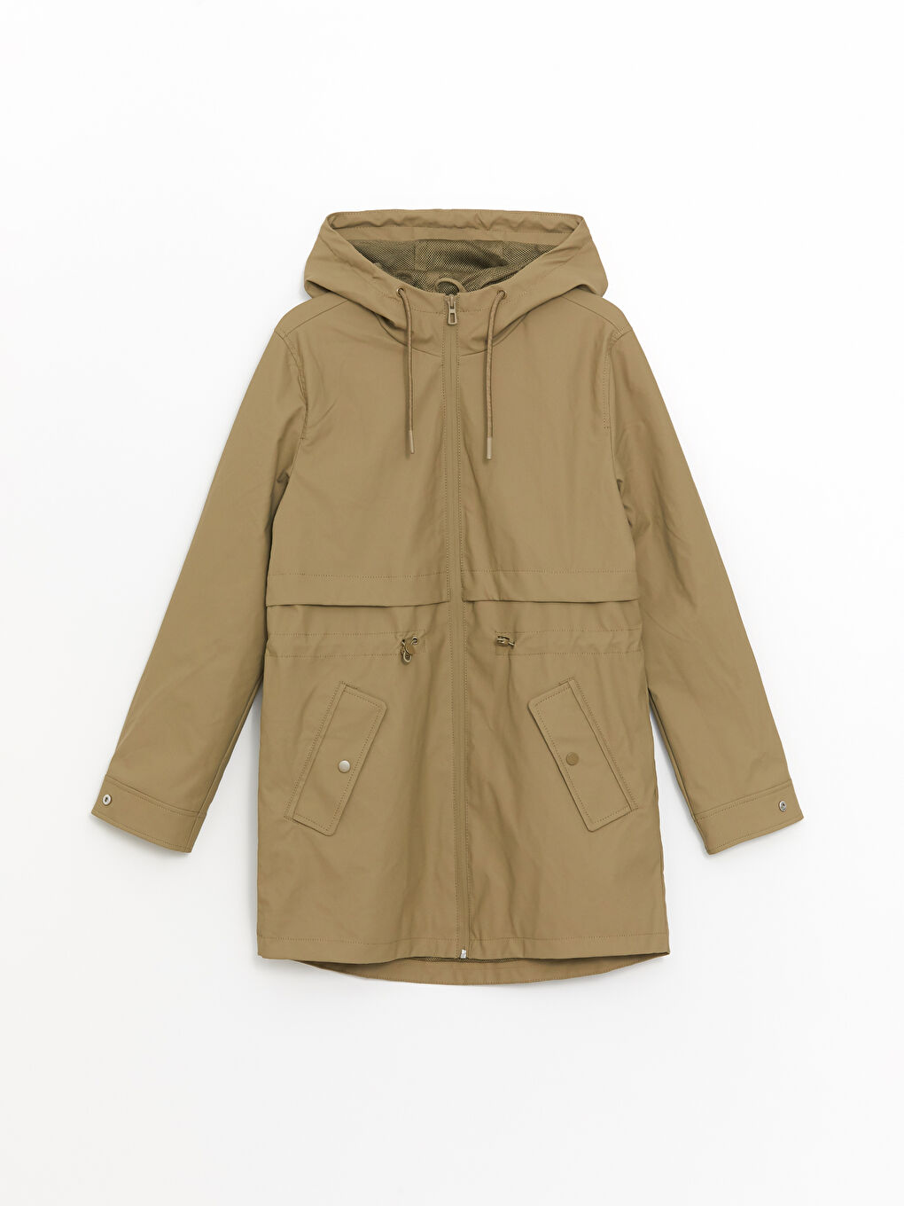 Kapüşonlu Düz Deri Görünümlü Kadın Yağmurluk-5