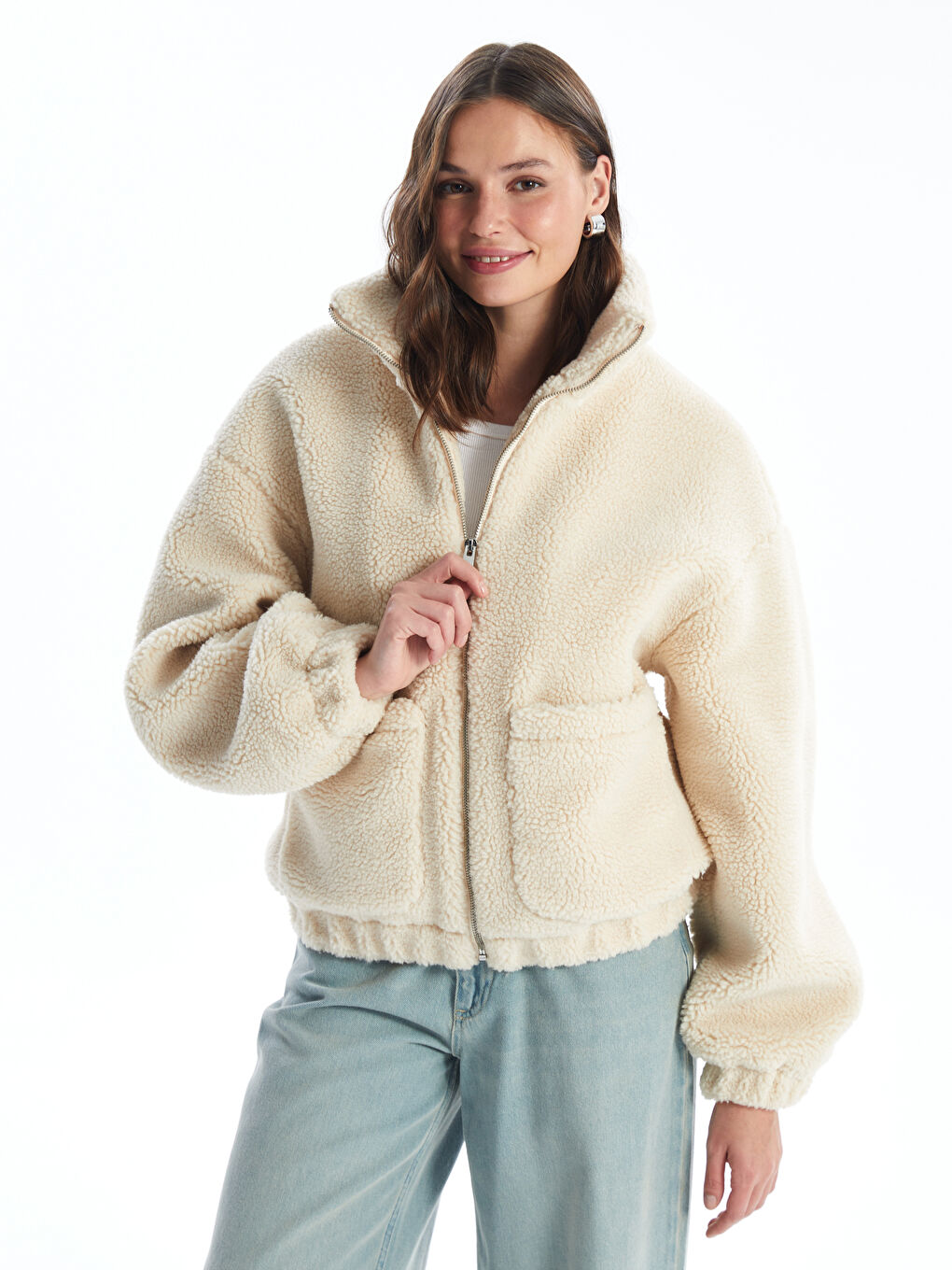 Women's Funnel Neck Plain Teddy Overcoat -W41126Z8-RYS