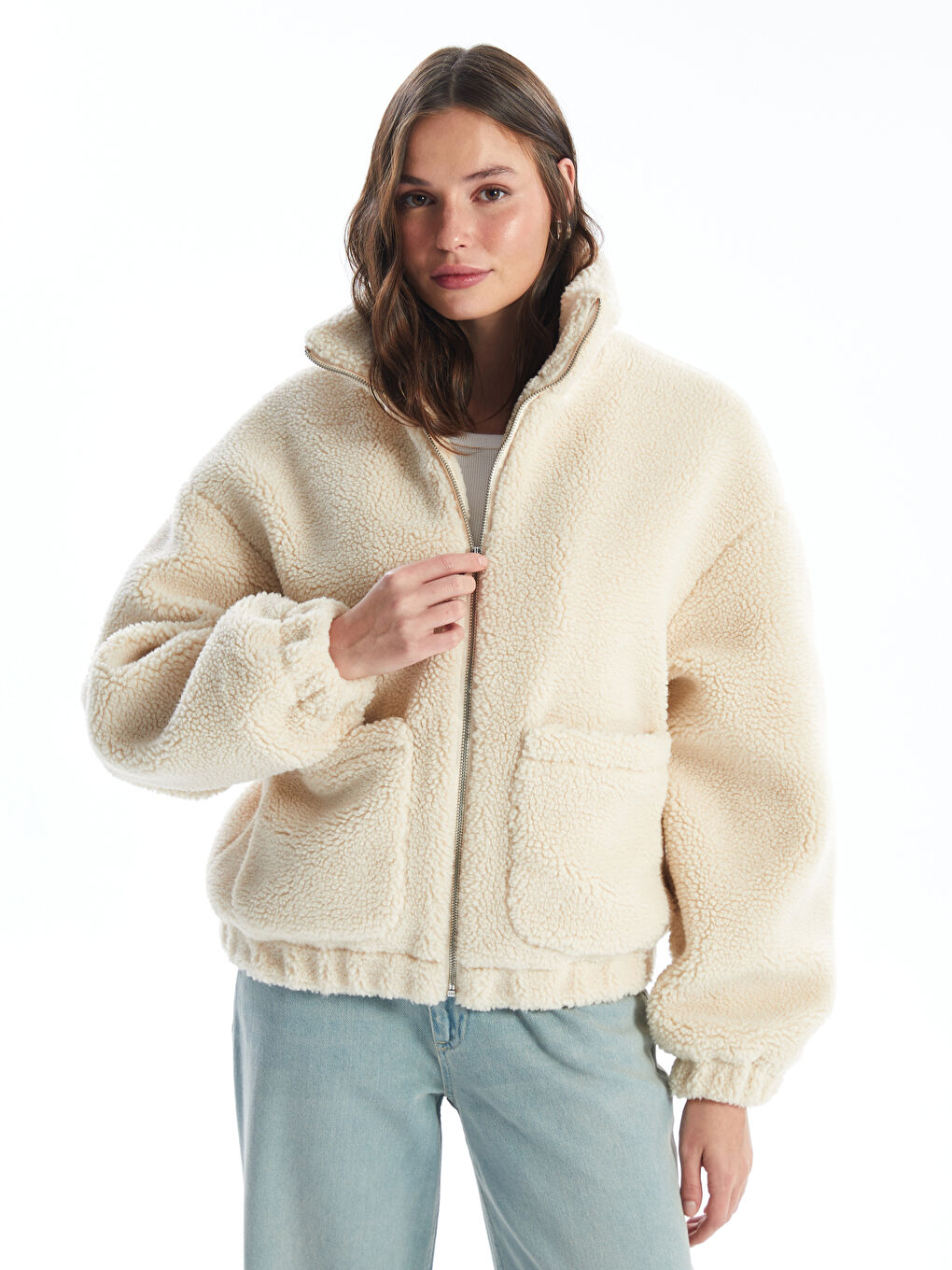 Women's Funnel Neck Plain Teddy Overcoat -W41126Z8-RYS