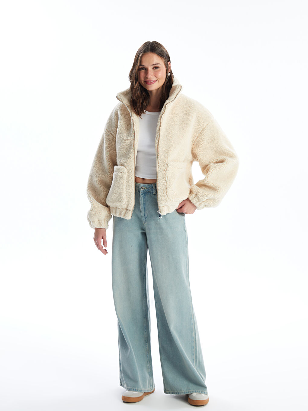 Women's Funnel Neck Plain Teddy Overcoat -W41126Z8-RYS
