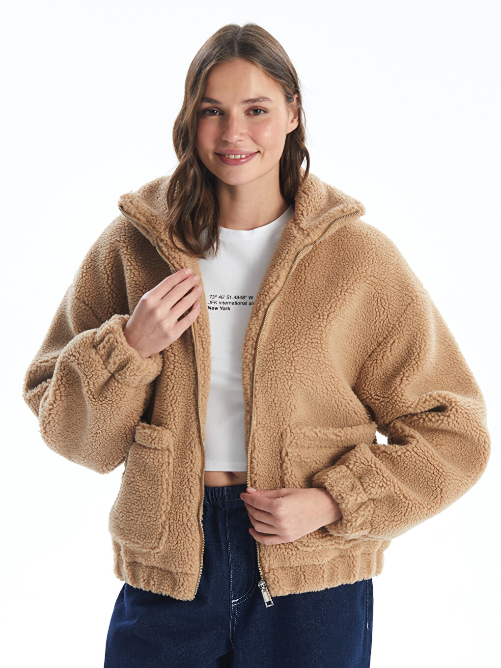 Women's Funnel Neck Plain Teddy Overcoat