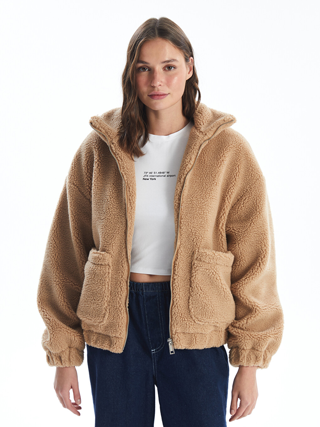 Women's Funnel Neck Plain Teddy Overcoat-1