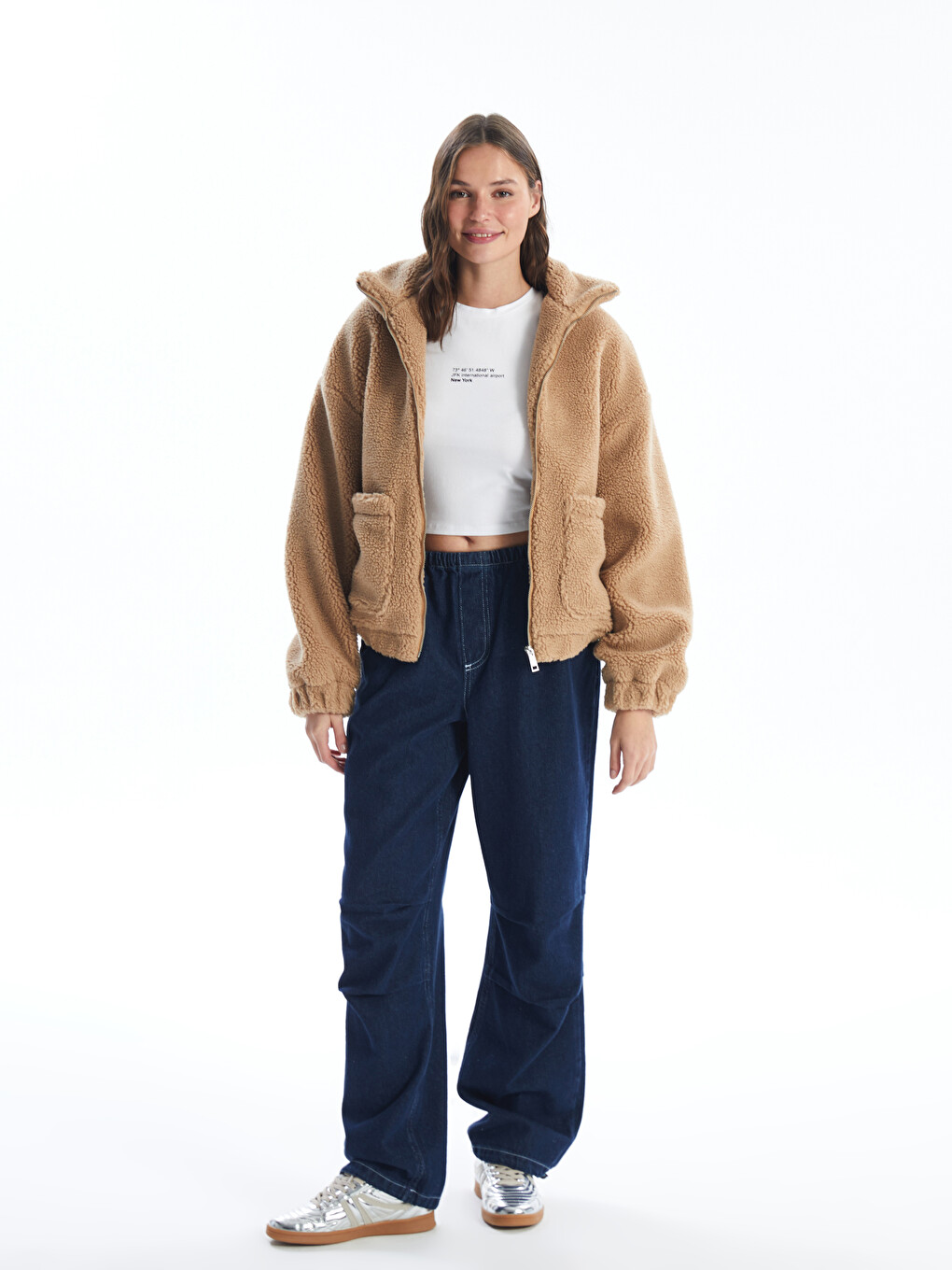 Women's Funnel Neck Plain Teddy Overcoat-2