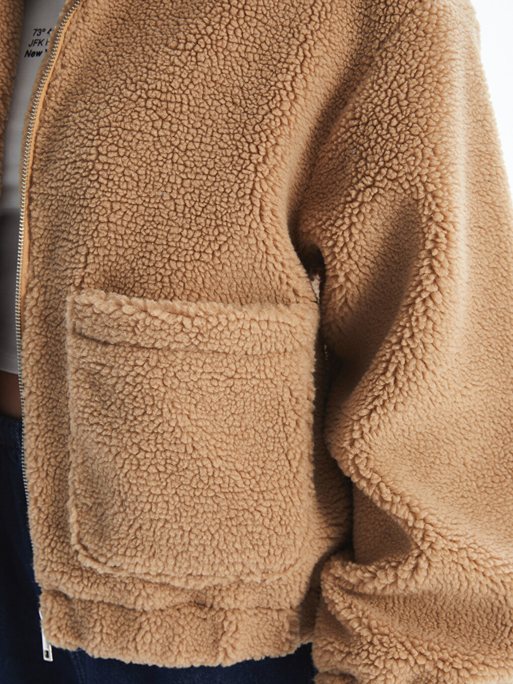 Women's Funnel Neck Plain Teddy Overcoat-3