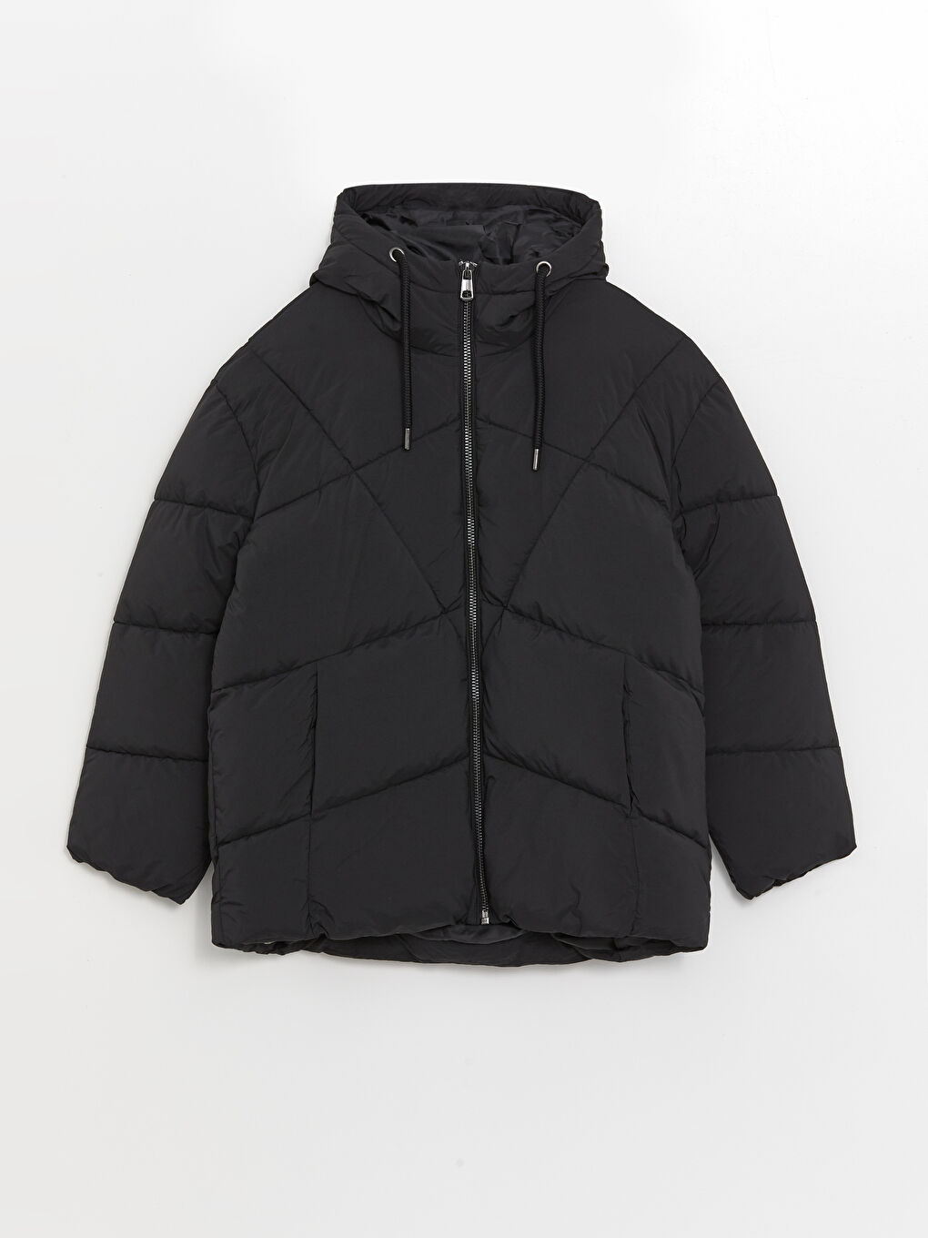 Однотонный оверсайз женский пуховик с капюшоном-5